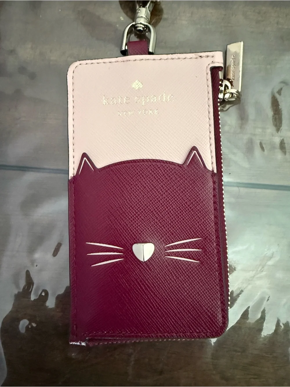 Kate Spade Cat’s Meow Cat Card Holder Wallet ID Lanyard Burgundy